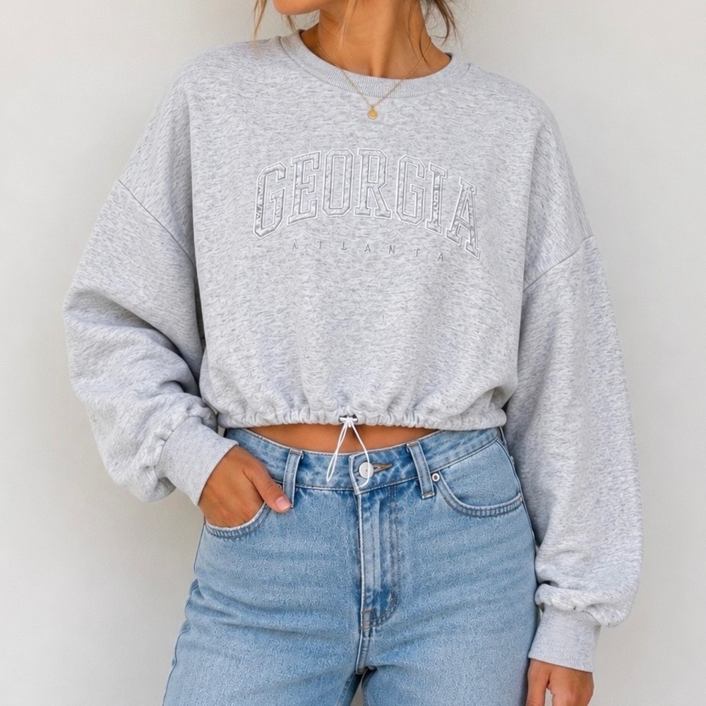 H&M Divided Georgia Atlanta Cropped Sweatshirt Gray Embroidered Drawstring Hem M